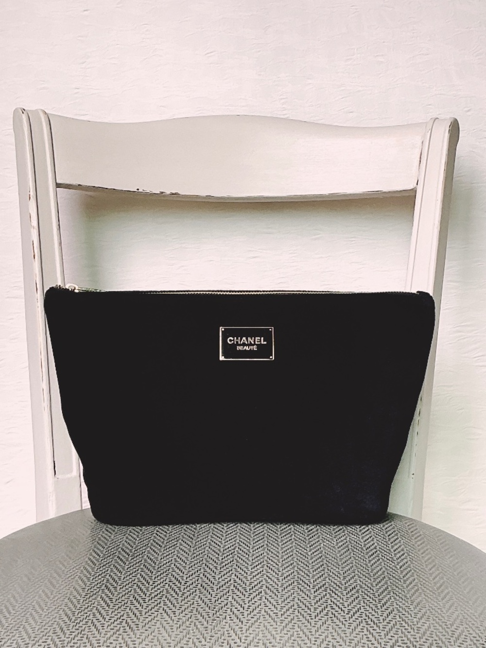 CHANEL Velvet Makeup Bag / Case Black Velvet Gold Zip Branded VIP Gift Item